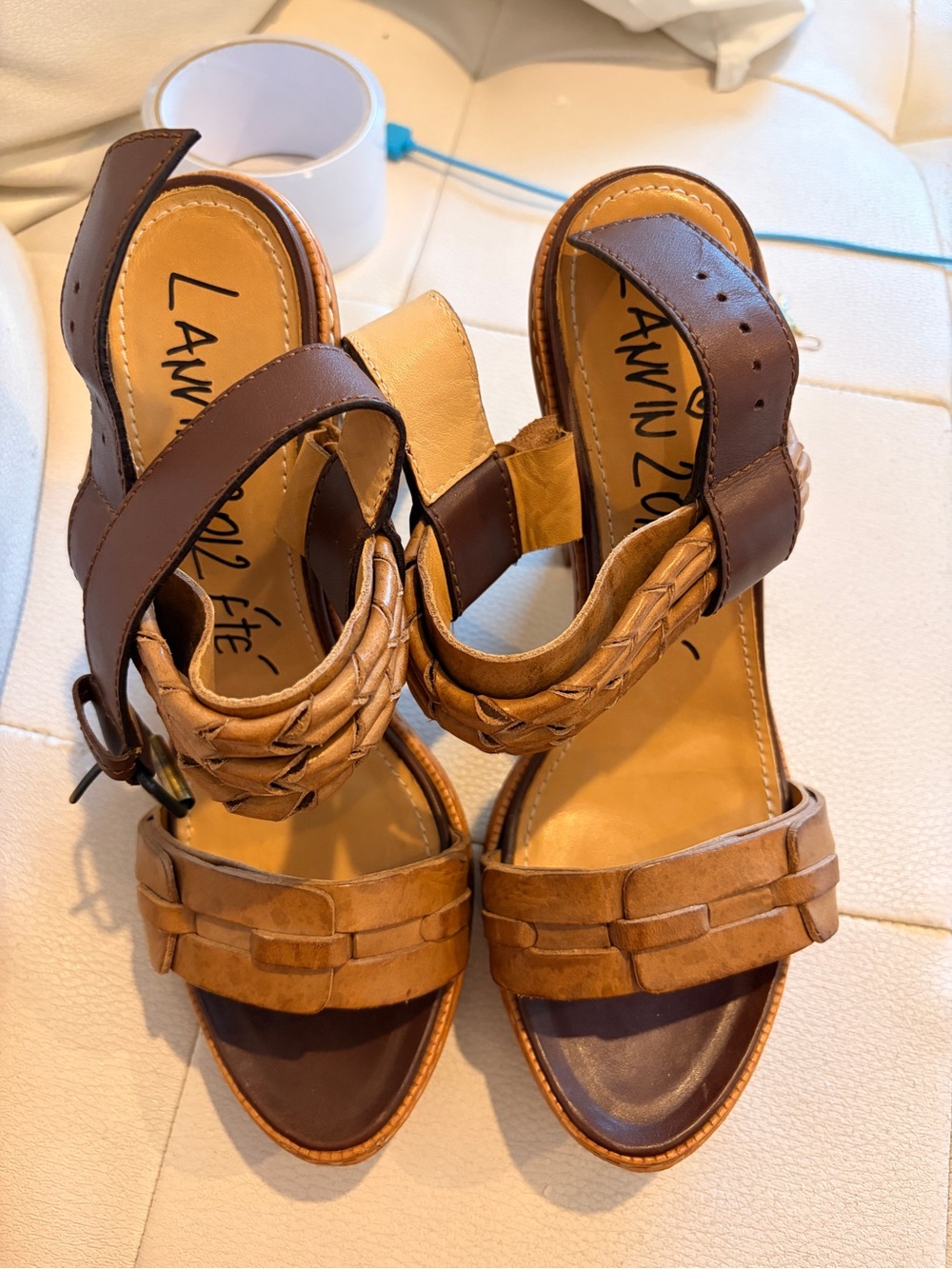 Vintage Lanvin Two-Tone Tan and Brown Woven Leather Block Heel Sandals